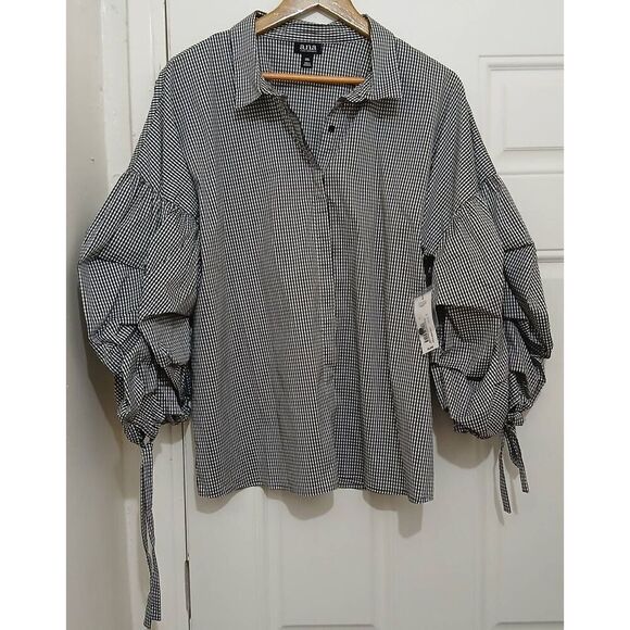 Ana womens 2xl puffer sleeve black white gingham plaid shirt top - Picture 3 of 8
